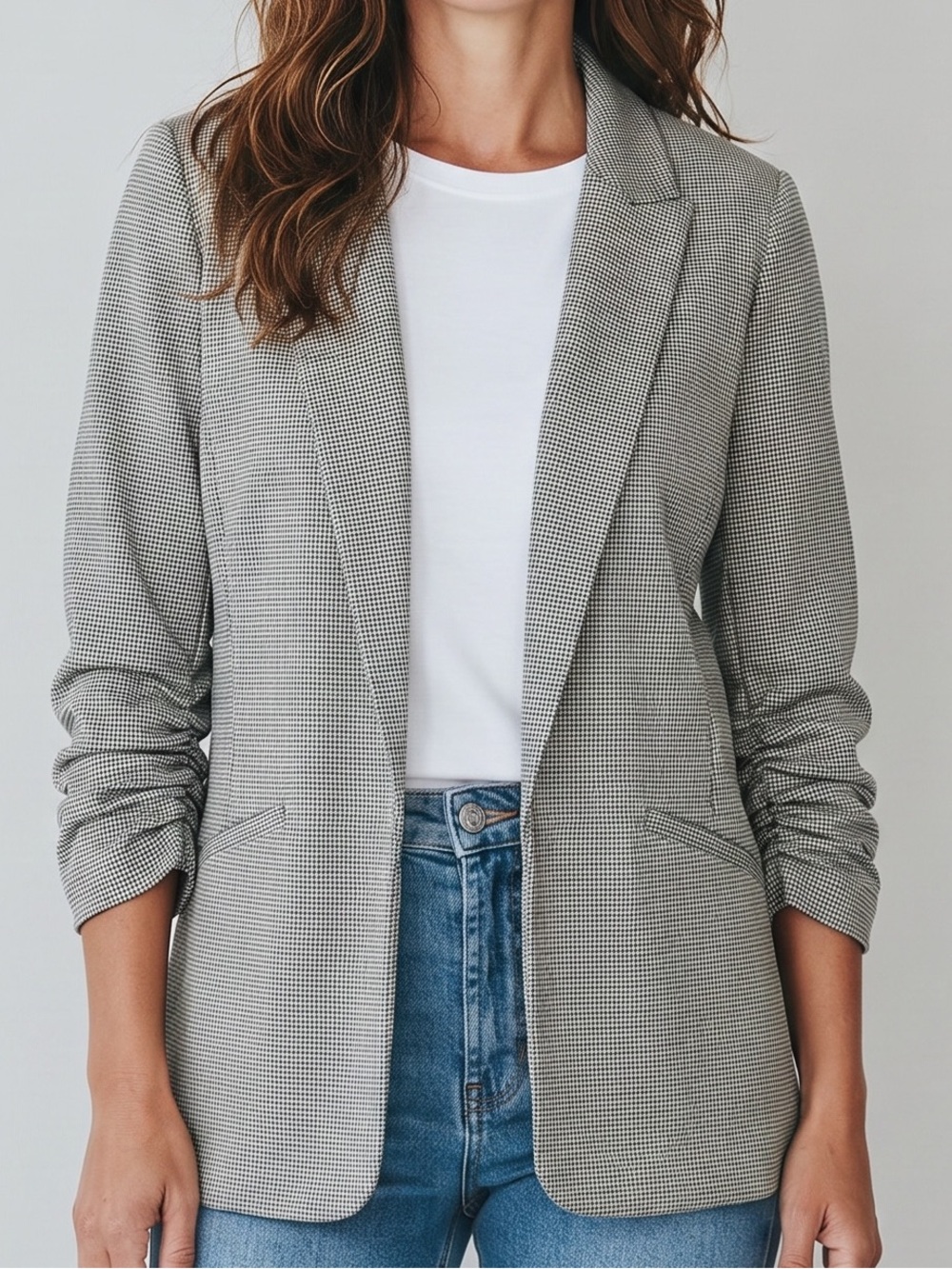 Nine West Gray Micro-Houndstooth Open Blazer